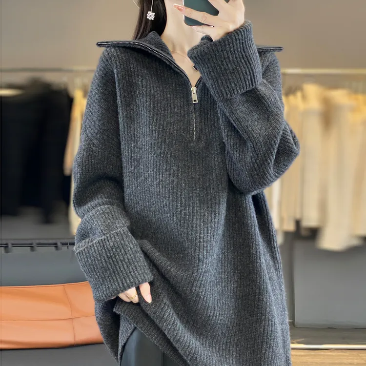 秋冬加厚100%羊毛针织衫女士翻领拉链宽松慵懒风时尚毛衣休闲高领