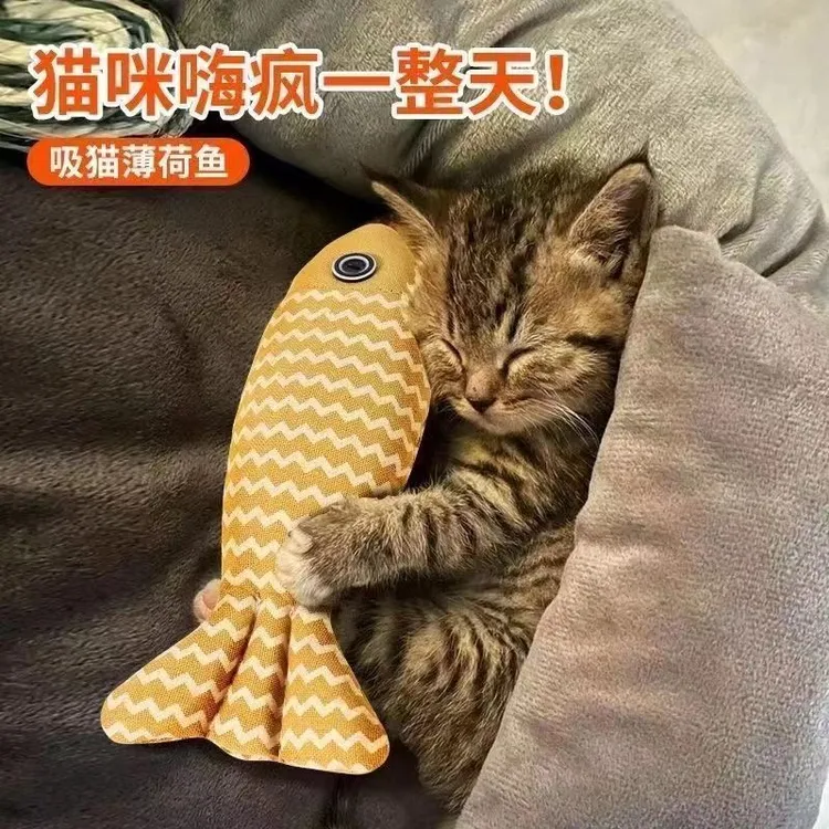 新款猫玩具自嗨解闷猫薄荷鱼麻布薄荷仿真鱼猫咪玩具耐用幼猫磨牙