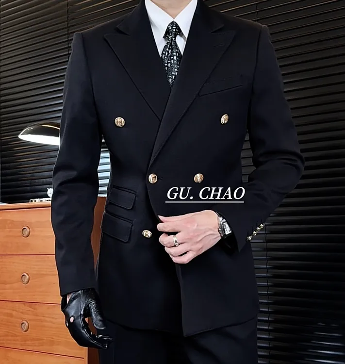 【Gc-古潮】--春秋款-意式双排扣男士布雷泽金属扣修身西装套装