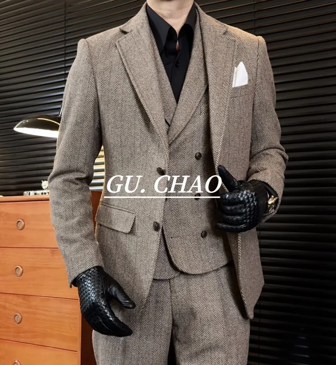 【Gc-古潮】--秋冬季-英伦高级时尚男士潮流修身羊毛套装