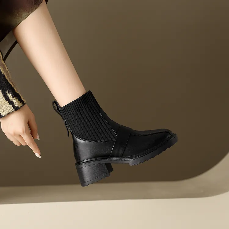 【手工短靴】2024秋冬新款牛皮手工时尚百搭粗跟英伦风方头弹力靴