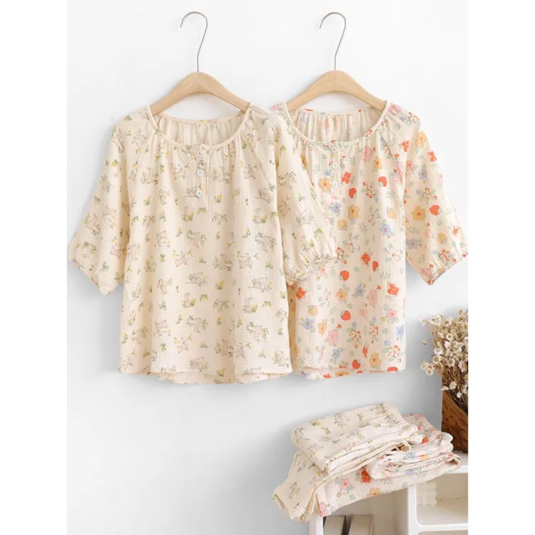 中袖七分裤睡衣圆领夏季纯棉家居服夏天全棉薄款可外穿两件套装