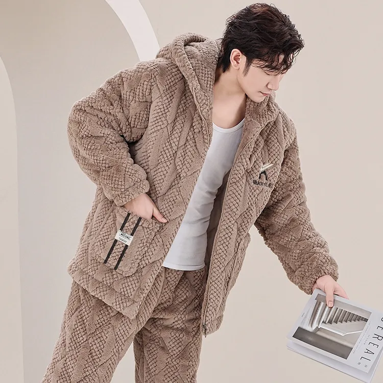 三层男士夹棉睡衣冬季珊瑚加厚加绒套装秋冬法兰绒家居服连帽保暖