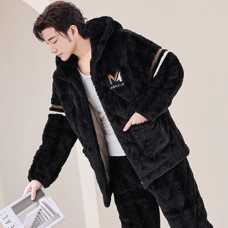 新款睡衣男款秋冬季三层夹棉袄珊瑚绒加绒加厚连帽拉链家居服套装