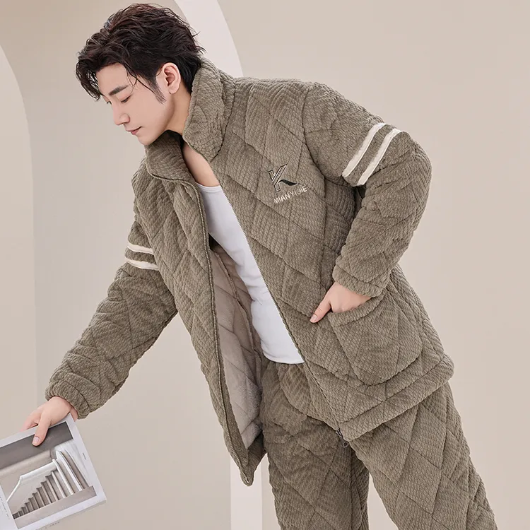 睡衣男款秋冬季三层夹棉珊瑚绒加绒加厚2024年新款拉链家居服套装