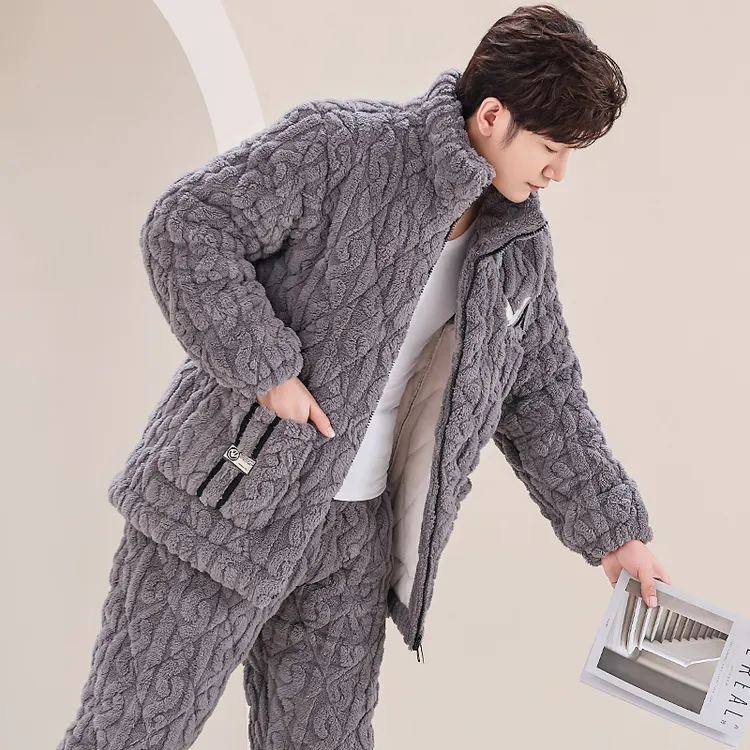 男士时尚睡衣加厚加绒三层夹棉珊瑚绒保暖法兰绒家居服套装秋冬款