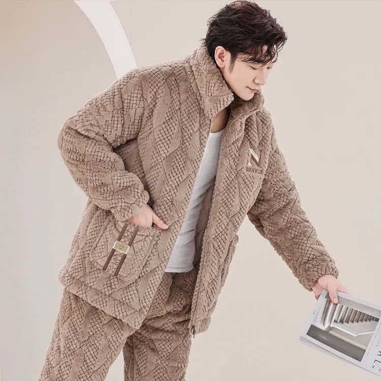 三层夹棉睡衣男士秋冬季加厚拉链立领保暖可外穿珊瑚绒超厚家居服