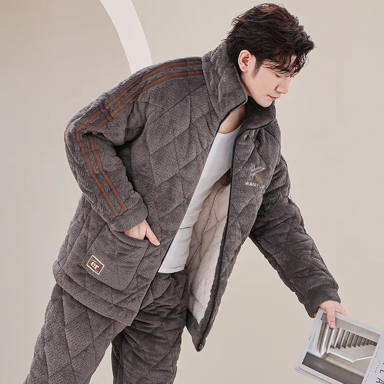 睡衣男士冬天三层加厚超厚夹棉加绒珊瑚绒法兰绒家居服秋冬款冬季