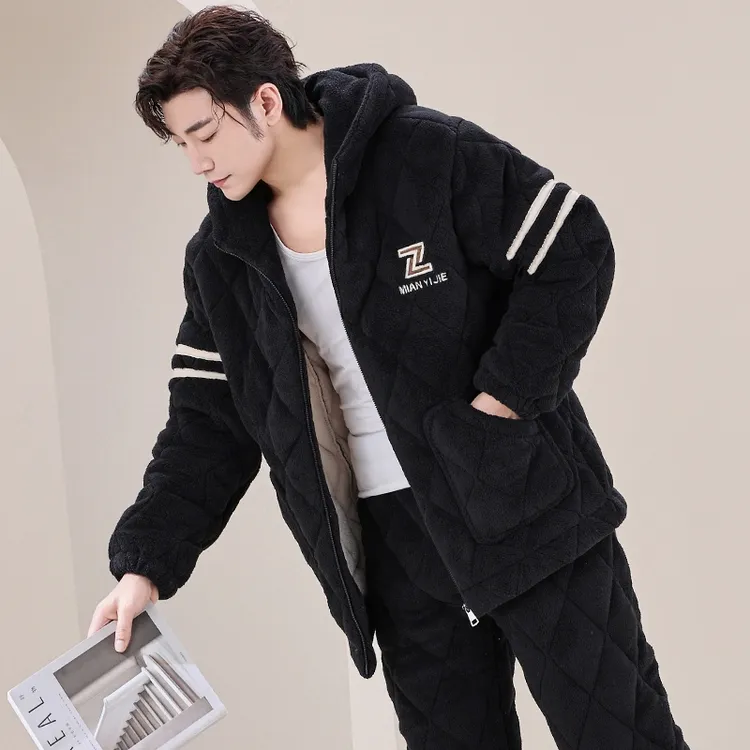 冬季男士睡衣珊瑚绒三层夹棉加厚加绒法兰绒秋冬款家居服保暖套装