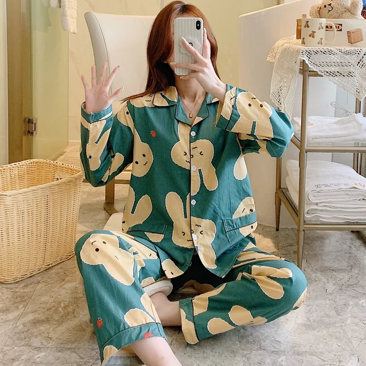 纯棉睡衣女春秋长袖棉布家居服全棉套装夏季薄款学生大码可爱卡通