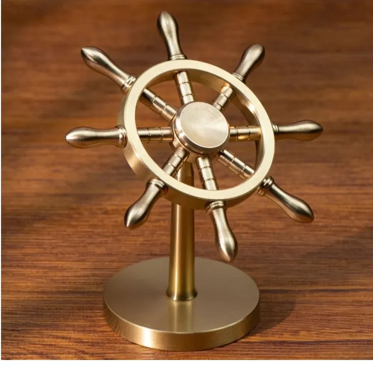 纯黄铜领航舵摆件舵手车载摆件家居客厅办公室装饰品旋转陀螺风车