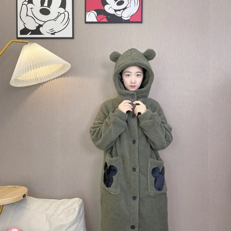 秋冬季卡通睡衣套装情侣款连帽冬款毛绒家居服中长款加绒保暖加厚