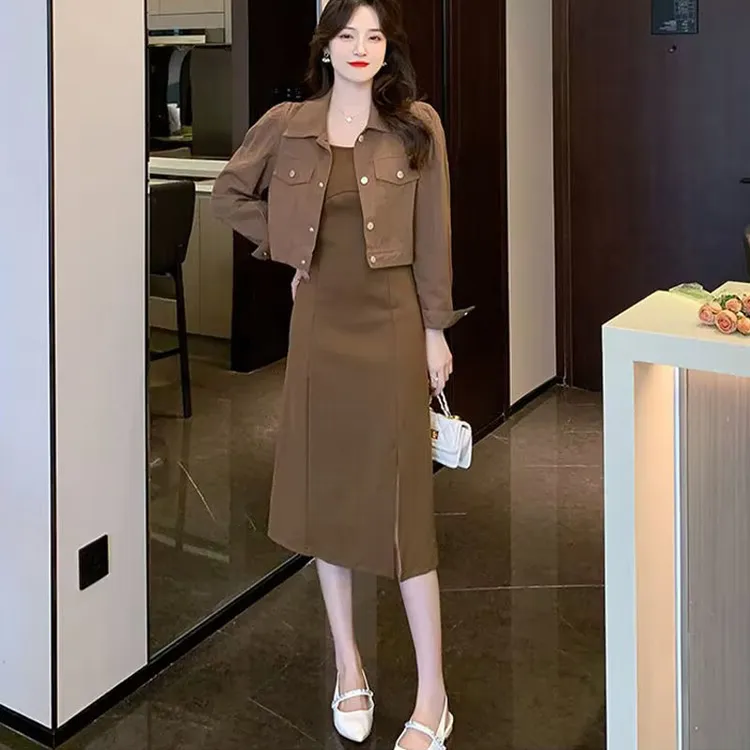 2024春秋新款套装小香风夹克短外套高级感吊带开叉连衣裙两件套女