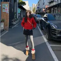 70不是七十【心软的神】  秋冬韩版毛织麻花拉菲红宽松套头短款上