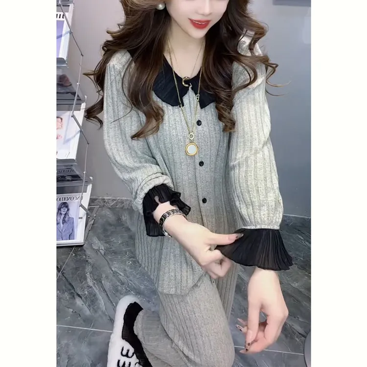 欧货时尚睡衣套装2025冬季新款灰色坑条可外穿宽松休闲长袖家居服