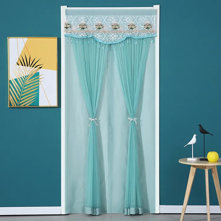 双层门帘隔断帘隐私帘防蚊门帘蕾丝纱帘卧室家用免打孔魔术贴纱门