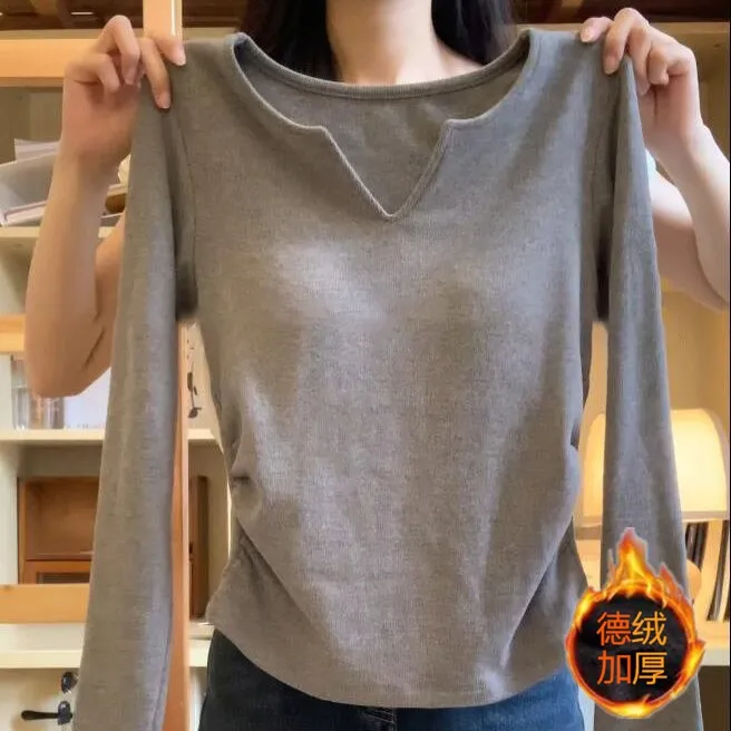 2024新款早秋季内搭打底衫德绒修身高腰加厚上衣白色V领长袖t恤女