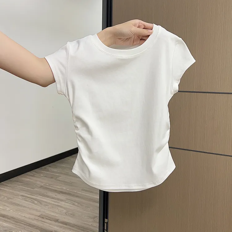 白色圆领正肩短袖t恤女甜辣妹褶皱收腰修身小个子短款多巴胺上衣