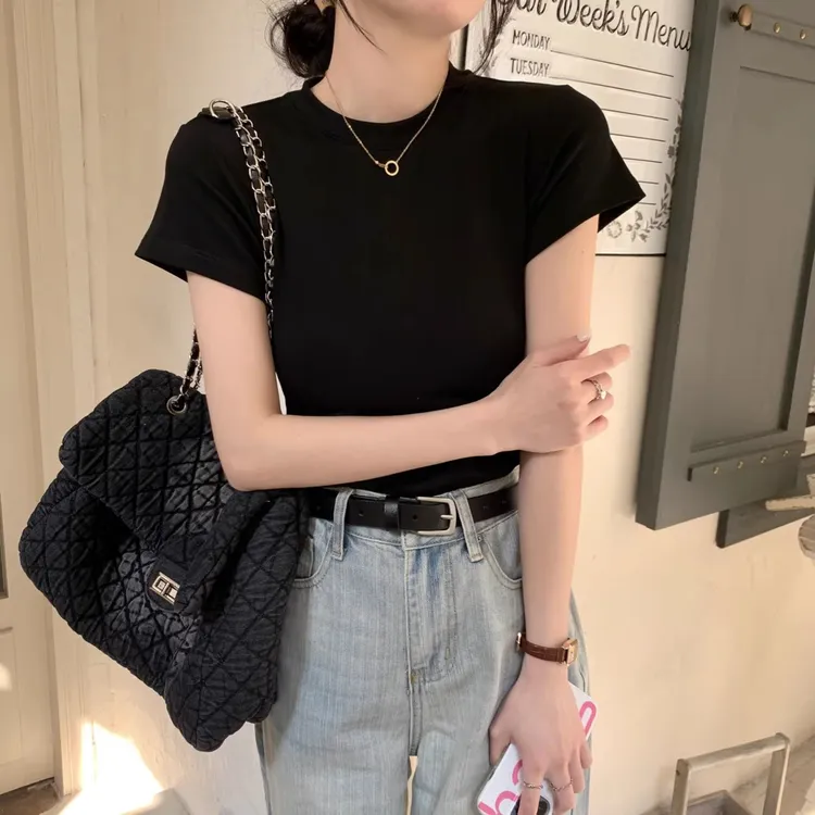 白色短袖正肩白T恤女2024夏季新款修身内搭打底衫黑色辣妹上衣灰