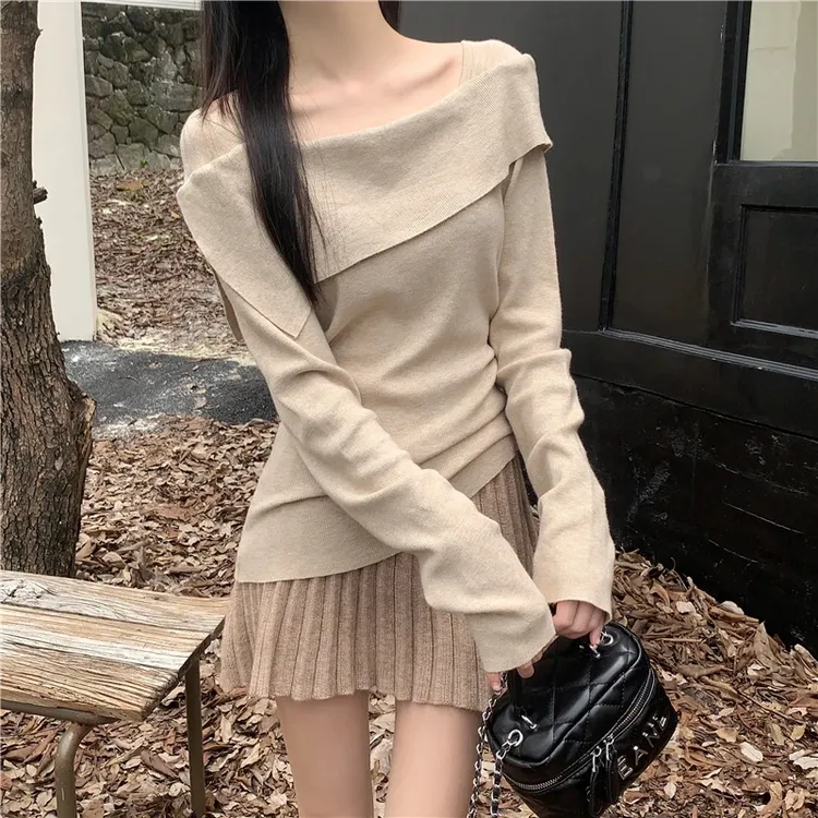 2024秋冬季纯欲风长袖内搭打底衫上衣甜辣一字肩露锁骨德绒女