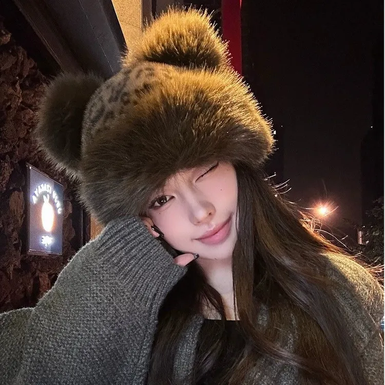 新款豹纹老虎帽加厚毛绒保暖秋冬护耳防寒蒙古帽高级帽子冬季女