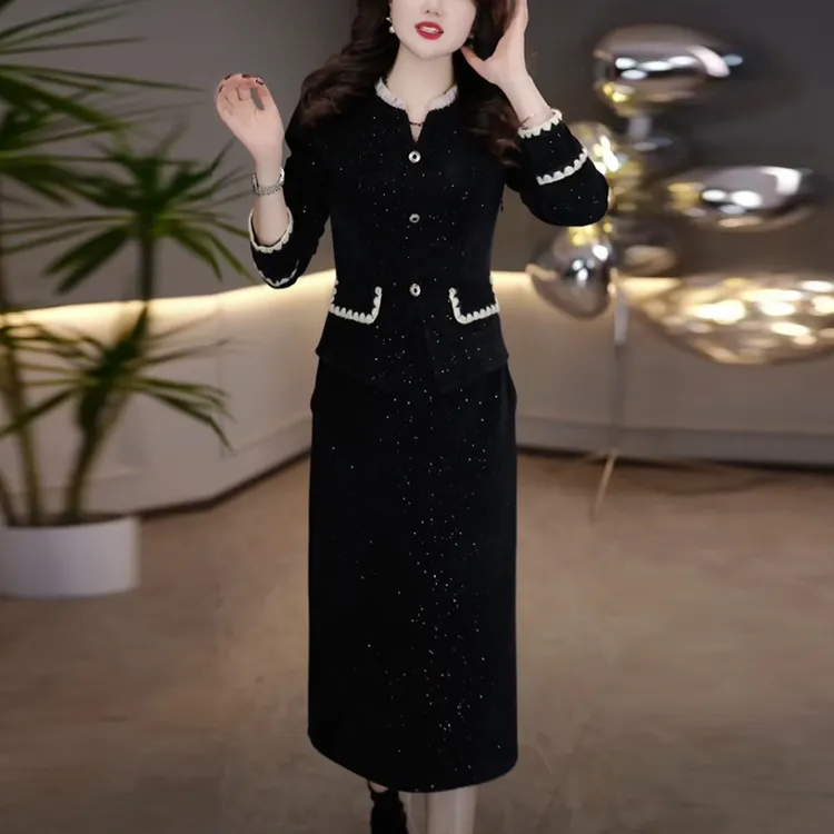 磨毛精纺气质高级感女装2025春秋新款黑色显瘦打底假两件连衣裙子