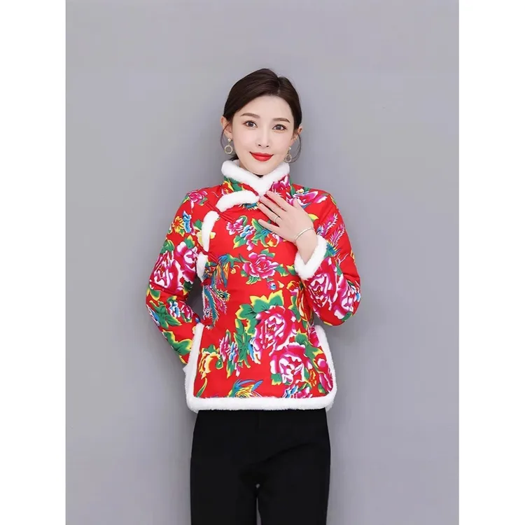 东北大花袄唐装小棉袄女短款冬季加厚保暖中式女装中国风棉服外套