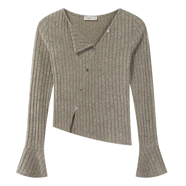 不规则坑条针织t恤女2024秋季新款修身显瘦长袖上衣