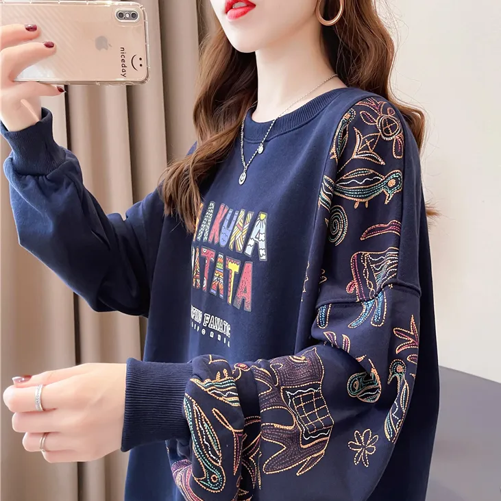 【棉】时尚休闲纯棉卫衣女2025秋冬韩版拼接印花长袖宽松显瘦上衣女