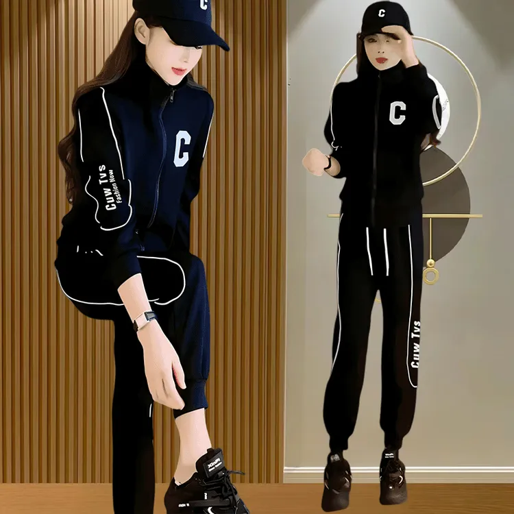 时尚洋气拉链外套长裤两件套女2025秋冬新款气质显瘦洋气运动套装