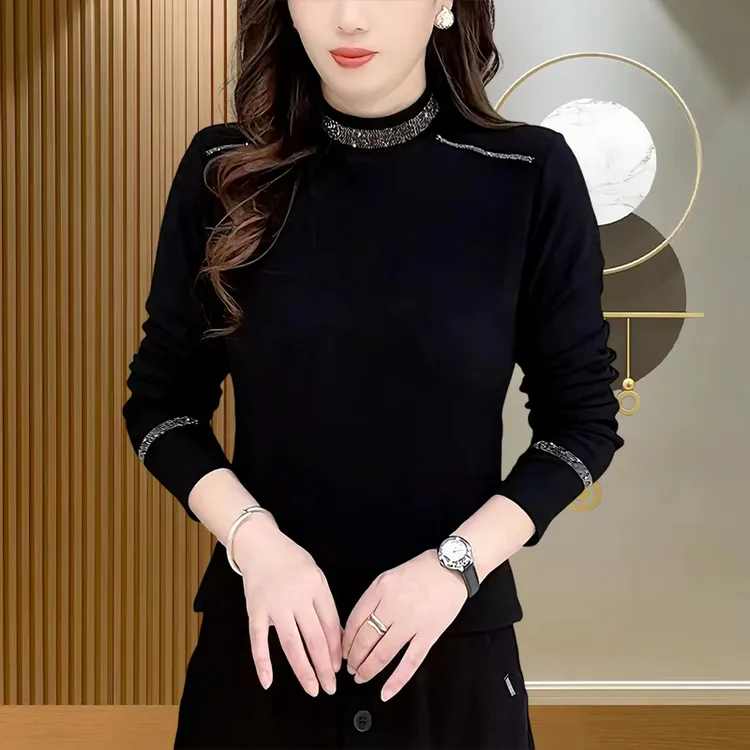 洋气减龄半高领烫钻长袖打底衫女2025秋冬新款气质百搭显瘦上衣服