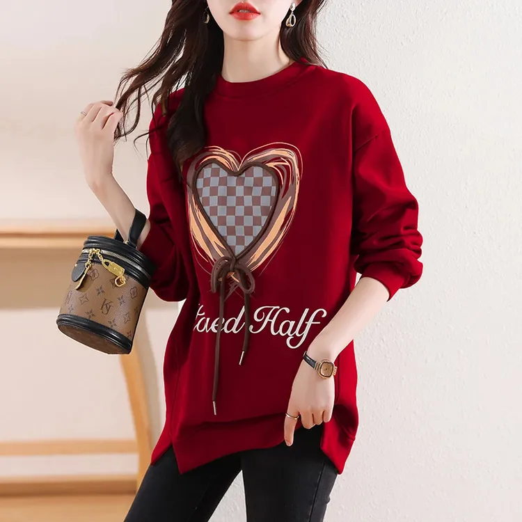 加绒/不加绒 秋冬中长款卫衣女韩版印花拼接绑绳开叉长袖大码上衣