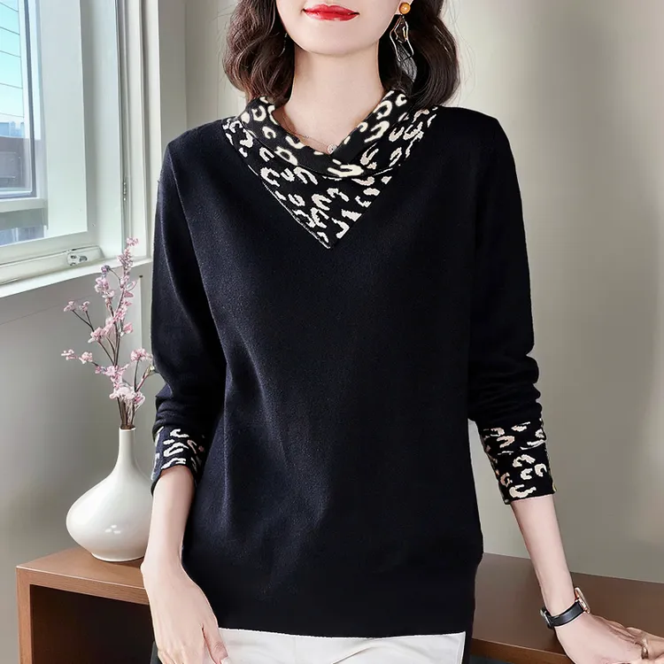 德绒半高领打底衫女2025秋冬季韩版豹纹拼接设计遮肉显瘦长袖上衣