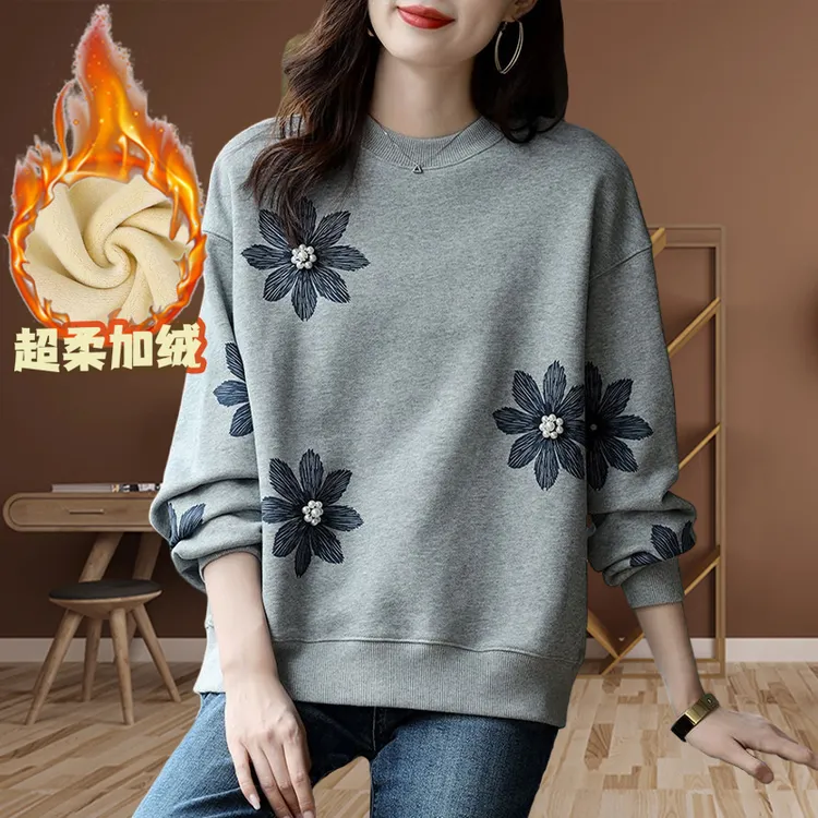 加绒加厚超柔内里卫衣2025秋冬新款重工钉珠印花气质减龄显瘦上衣