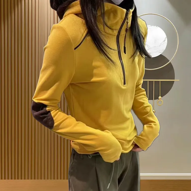 拼色补丁连帽打底衫女2025秋冬新款洋气半拉链百搭长袖显瘦上衣服