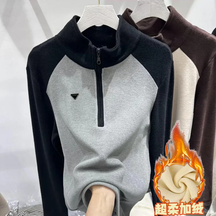 2025秋冬新款加绒加厚卫衣女时尚撞色半拉链长袖保暖立领显瘦上衣