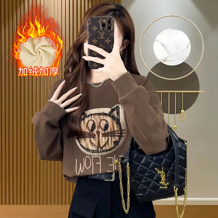 加绒加厚华棉超柔内里卫衣女2024秋冬季新款重工刺绣贴布显瘦长袖