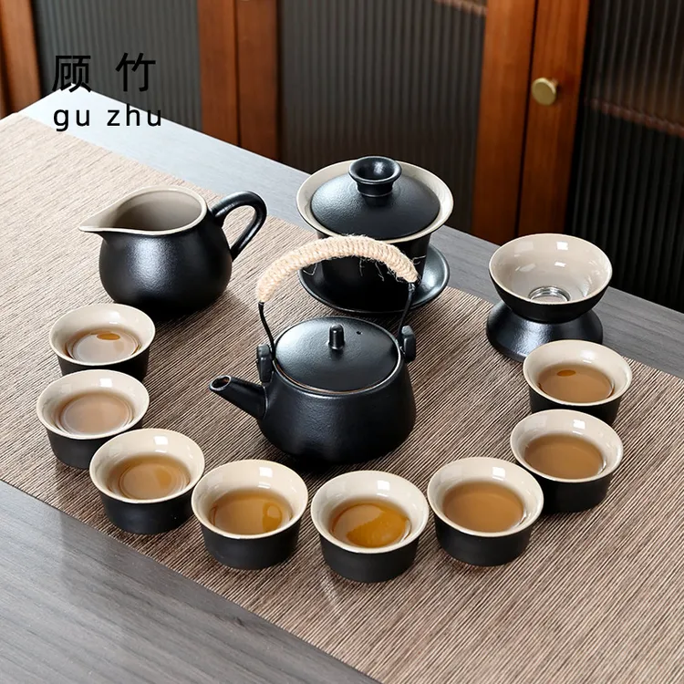 顾竹中式茶具套装提梁壶简约粗陶家用复古轻奢泡茶器干泡茶盘茶套