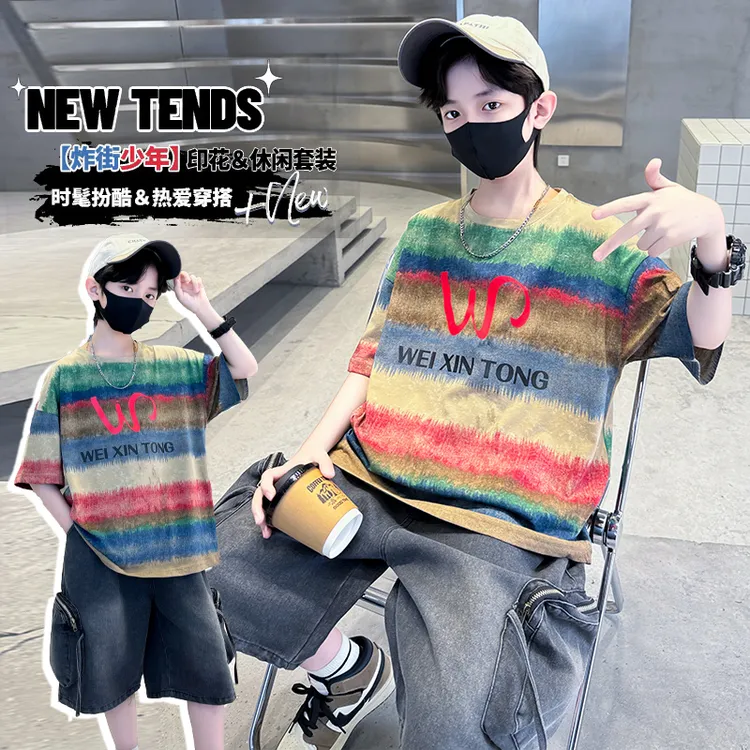 男童时尚帅气夏装潮款彩色条纹中大童炸街时髦夏季男孩薄款上衣潮