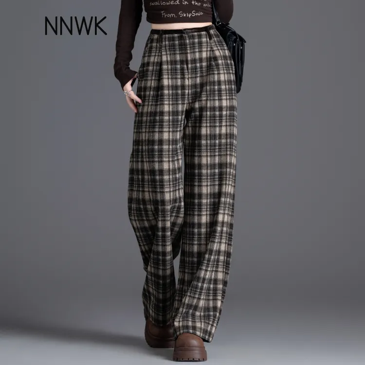 复古格纹阔腿裤女加绒格子裤高腰休闲女裤秋冬季2025新款毛呢裤子