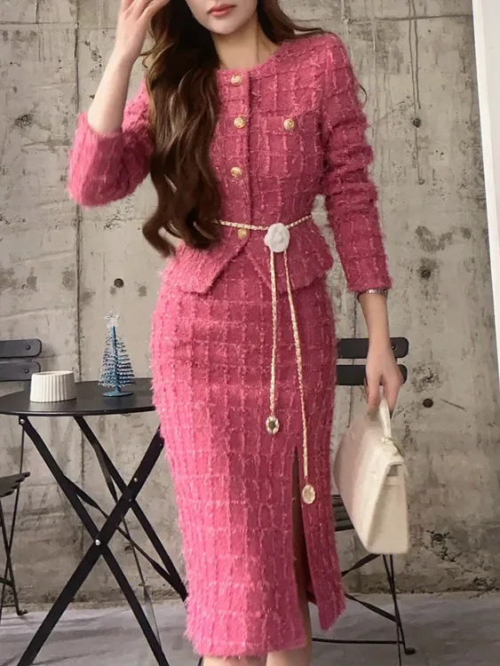 御姐范高级感小香风套装715女法式粗花呢外套开叉包臀半身裙两件