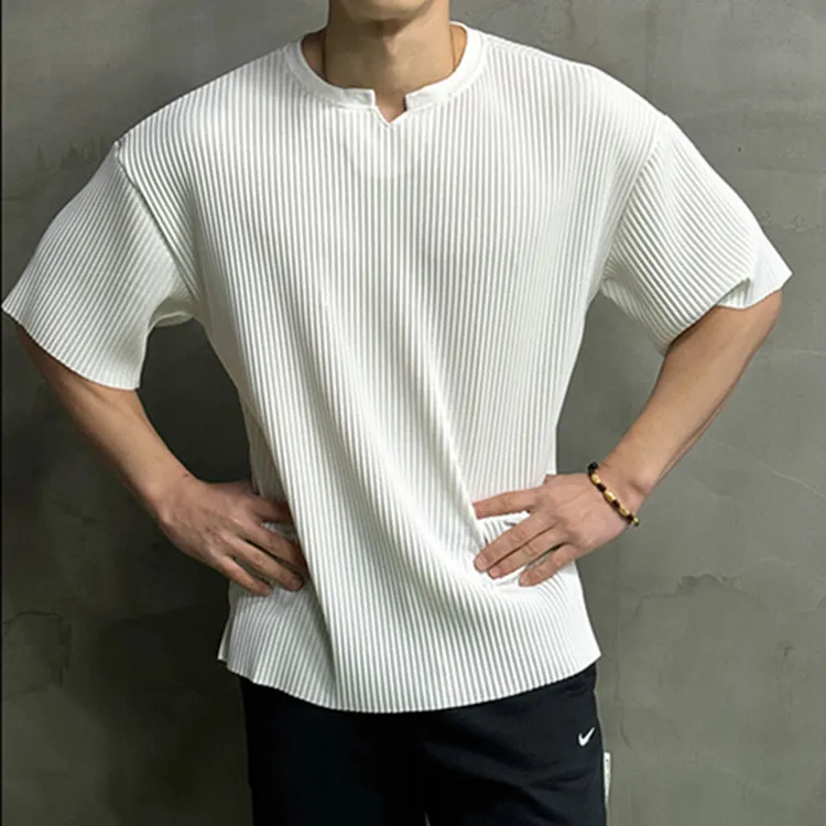 美式百搭v领螺纹男短袖时尚宽松纯色垂感透气运动健身休闲夏季T恤