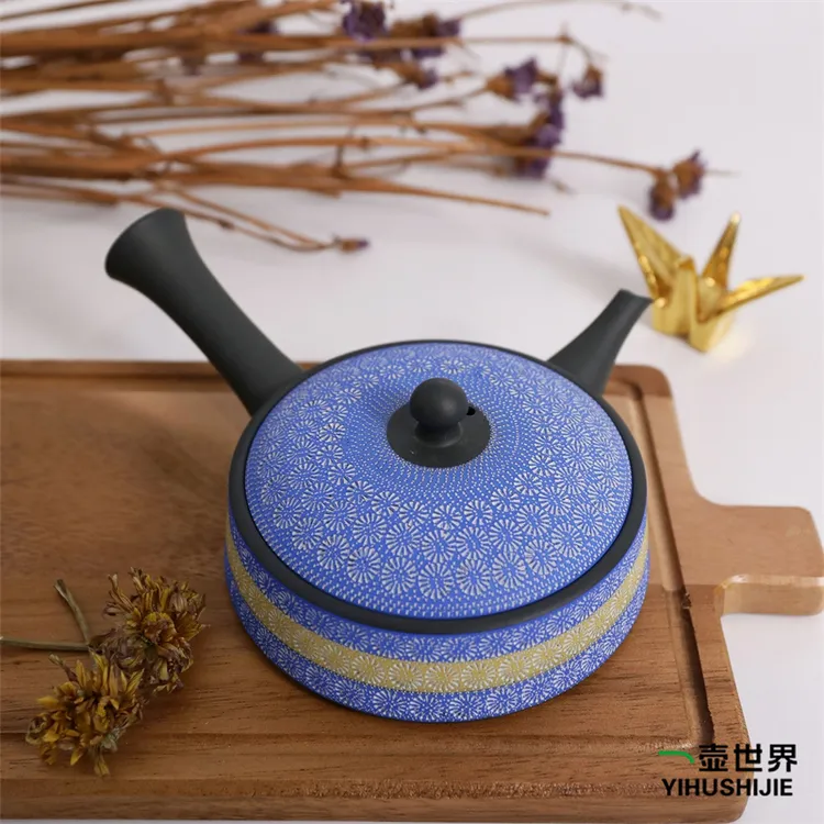 常滑烧纯手工日式紫砂侧把陶茶壶茶具 辉之 #12 印花平蓝 180ml