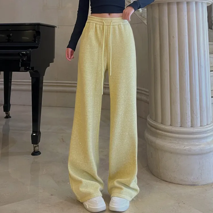 加绒加厚休闲裤女冬季新款松紧高腰烫钻拖地裤宽松保暖直筒阔腿裤