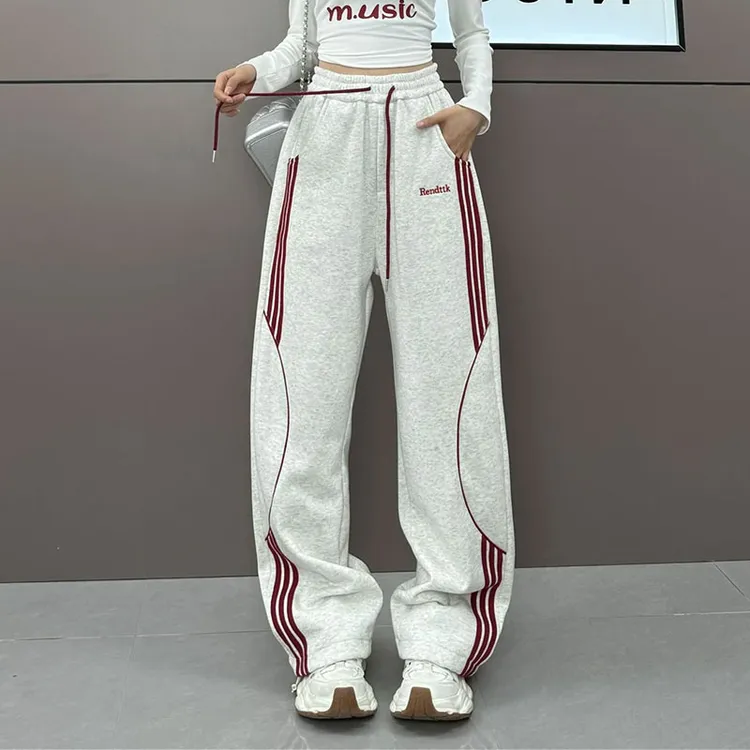 秋冬季加绒美式hiphop三条杠卫裤女宽松垂感直筒裤撞色运动休闲裤