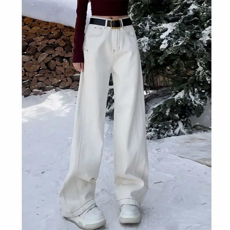 2025秋冬新款加绒欧货阔腿弯刀牛仔裤女时尚百搭显瘦休闲直筒长裤