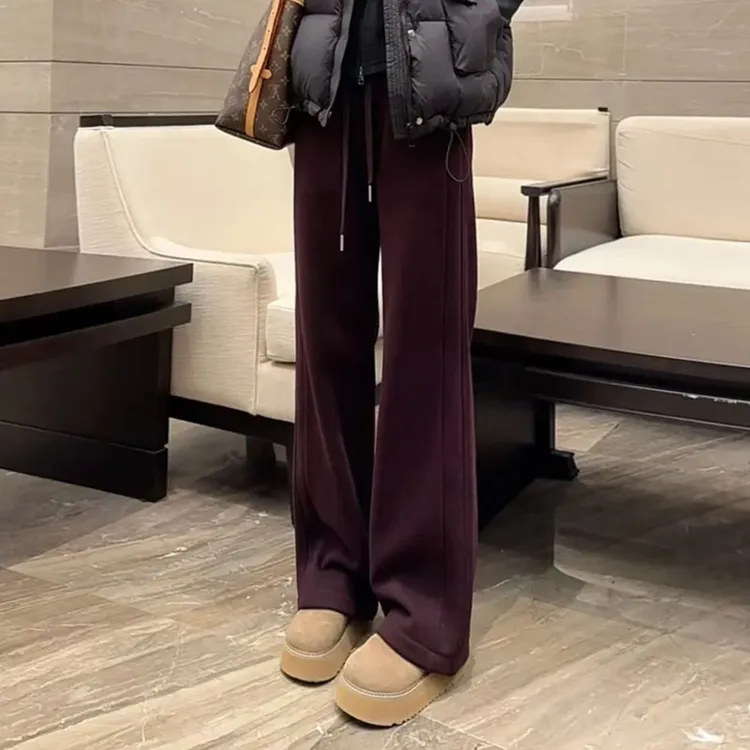 秋冬季2025新款加绒香蕉阔腿拖地裤女高腰窄版直筒卫裤休闲运动裤