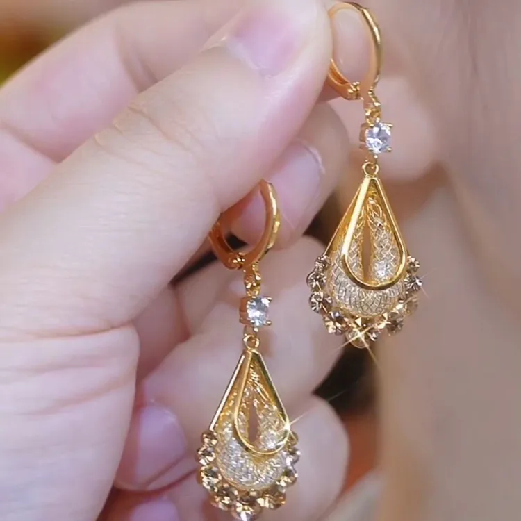 合金合成锆石耳饰 高级感金丝网状镶钻耳环气质时尚耳饰灵动耳饰