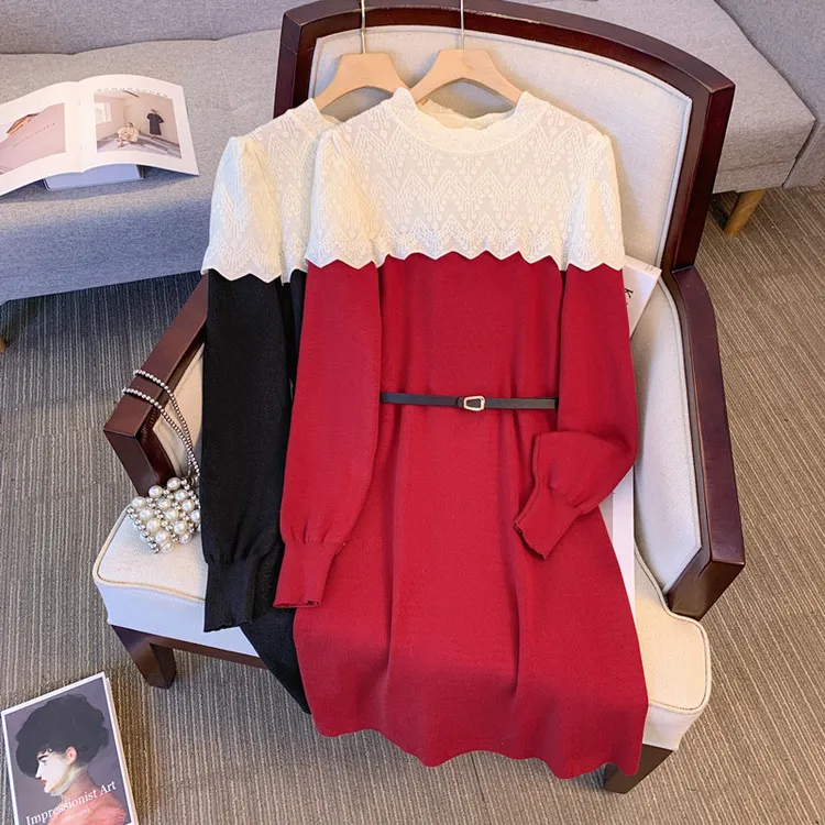 大码女秋冬胖mm撞色蕾丝拼接气质针织连衣裙收腰显瘦打底毛衣裙子