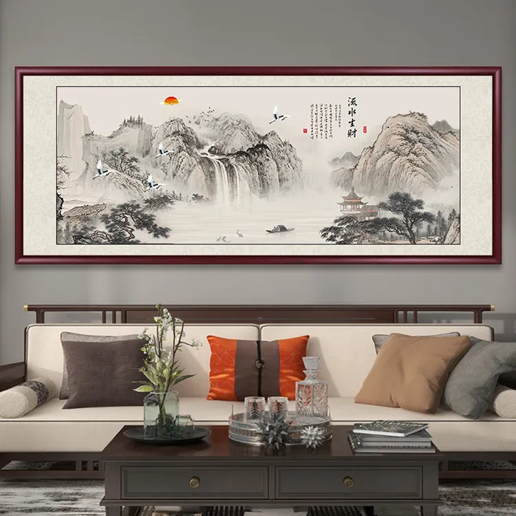 流水生财山水画国画客厅茶室挂画办公室装饰画中式沙发背景墙壁画